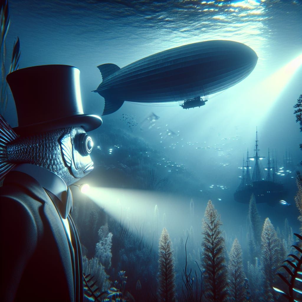 Underwater Dreamscape with Whale Zeppelin, in Hyperrealism
