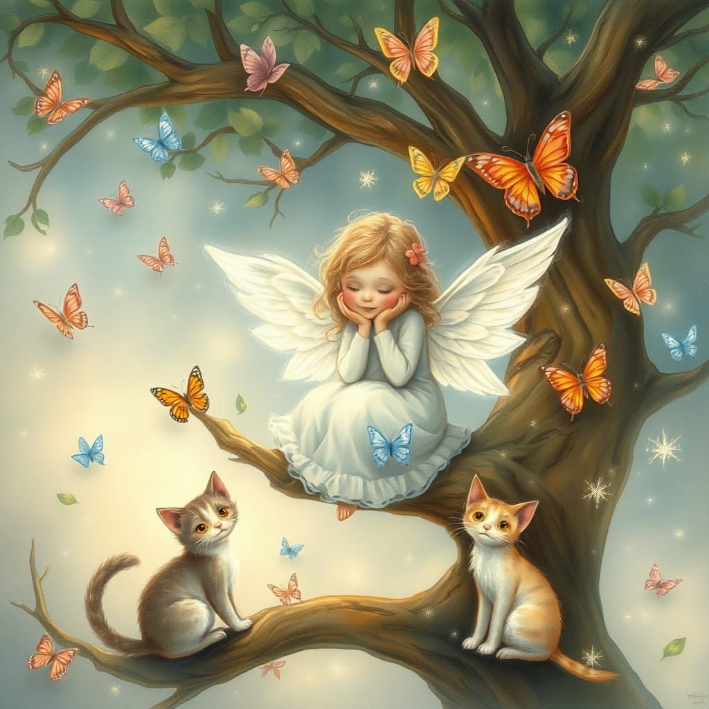 Whimsical Angel Sits in Dreamy Tree with Butterflies and Cat...