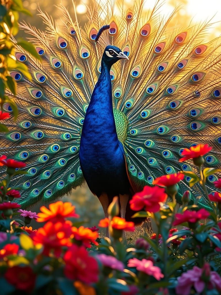 A Majestic Peacock in Vibrant Garden Splendor