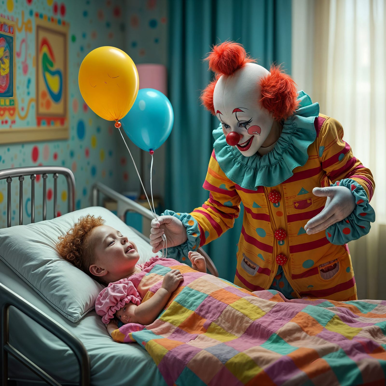 Clown Visits Sick Child in Hospital Room