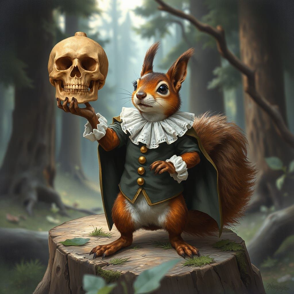 Squirrel as Hamlet on Woodland Stage in Painterly Style