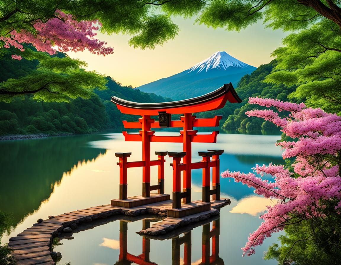 Torii Gate in Forest at Sunset