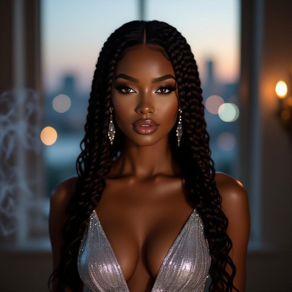 Cinematic Portrait of a Black Woman in Silver Gown