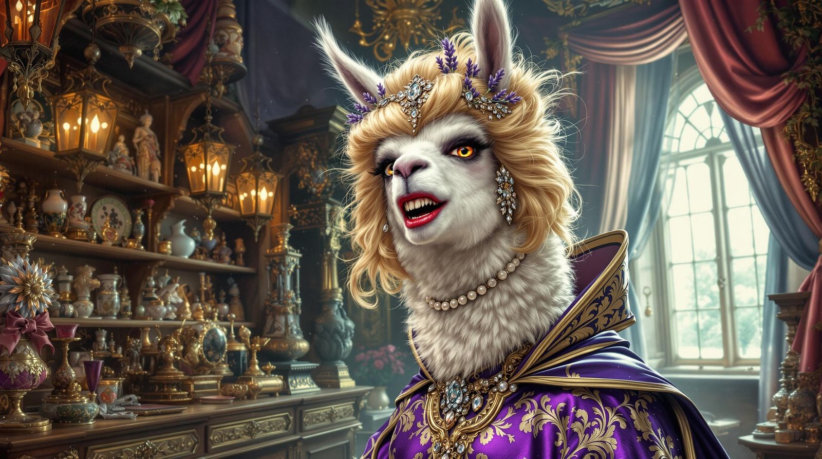 Dramatic Female Llama in Elegant Attire
