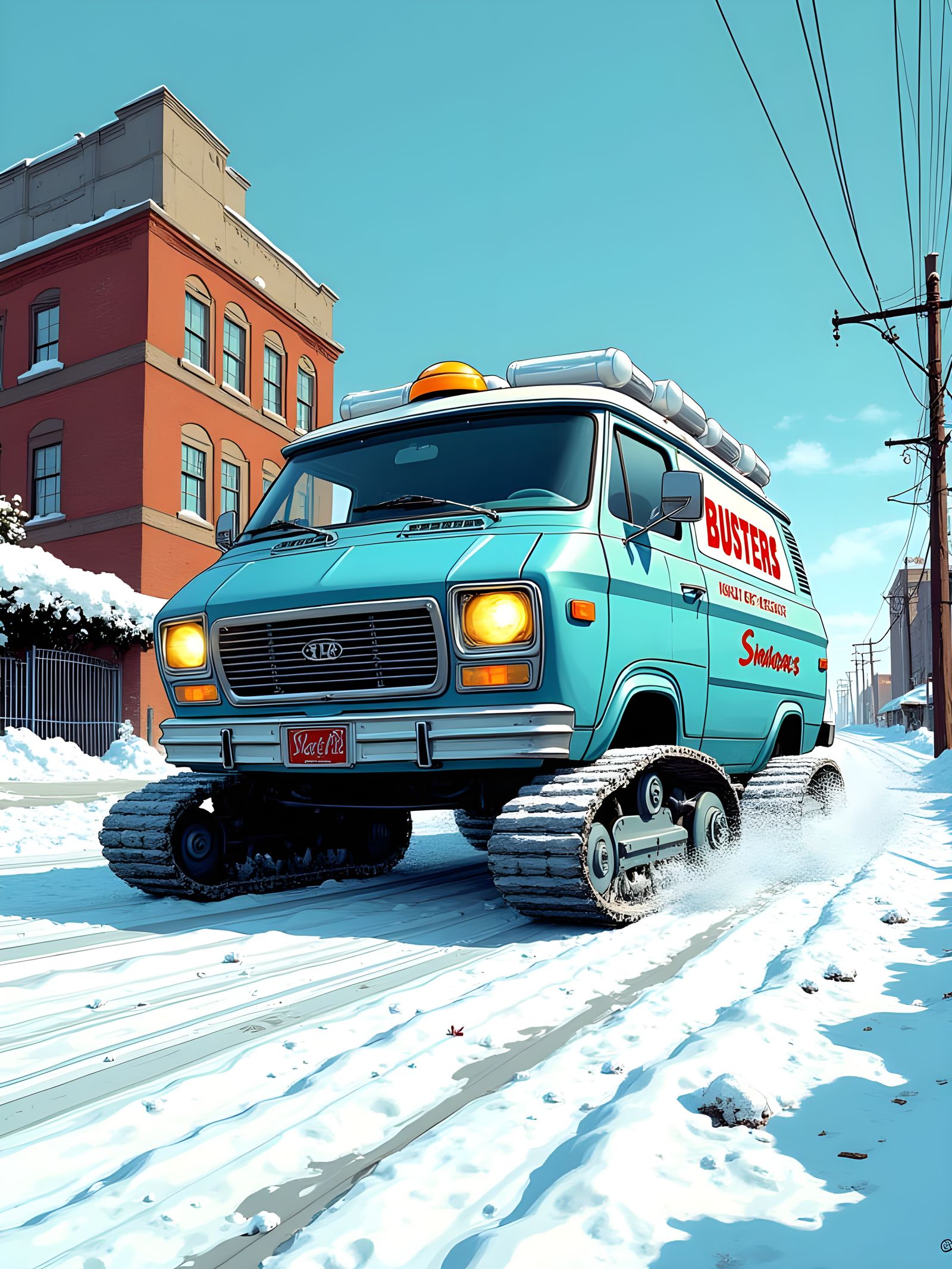 Snow Busters Van on Snowy Street in Comic Style