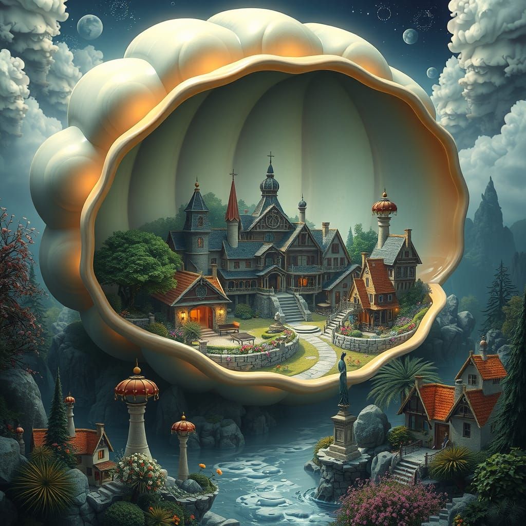 Surreal Town Inside Giant Shell: Fantasy Concept Art