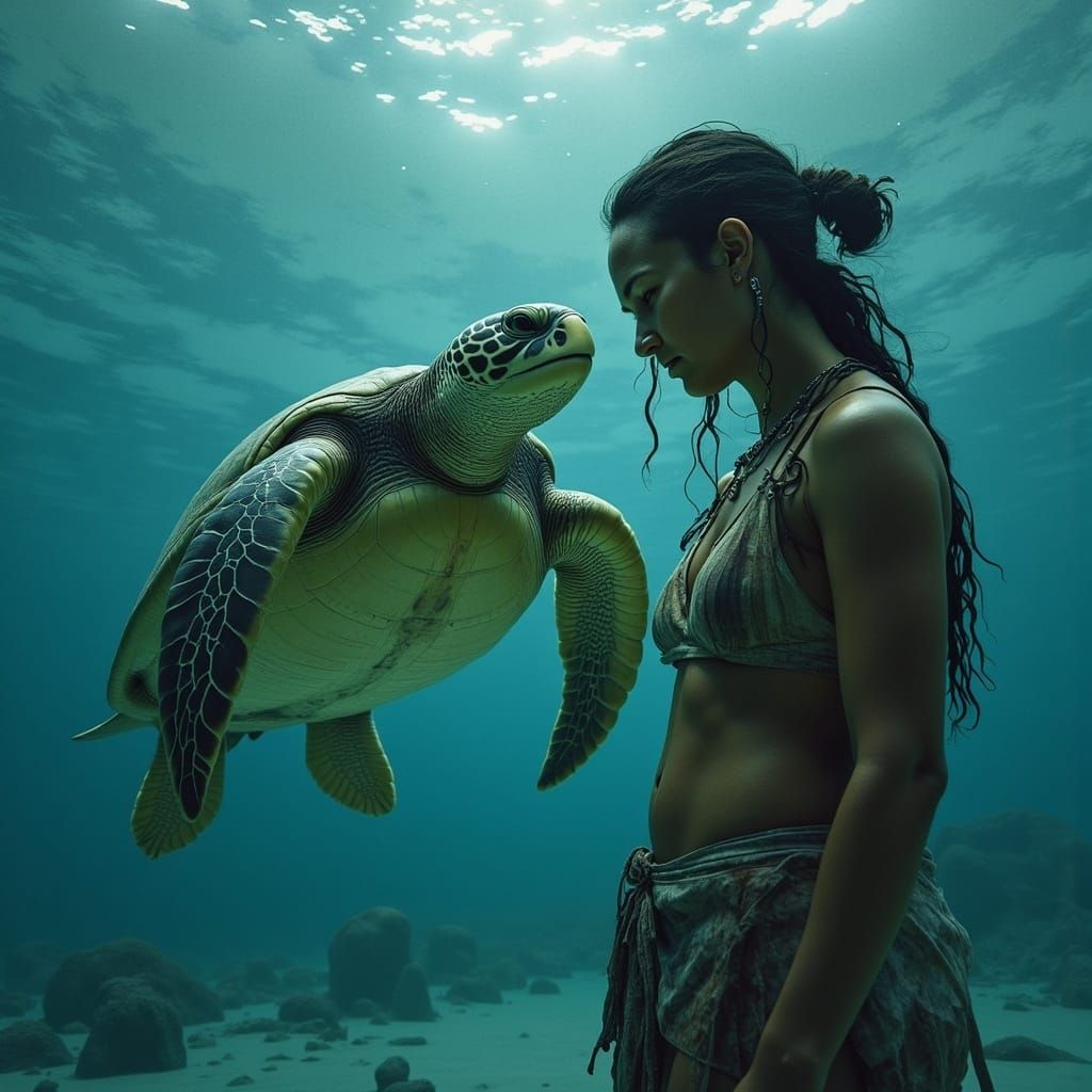 Swimmer with Giant Sea Turtle