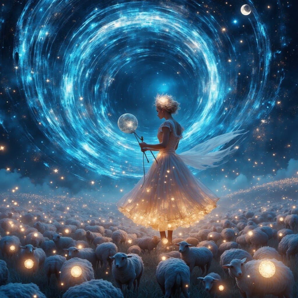 Bo Peep Among Glowing Star-Sheep in Dreamy Celestial Scene