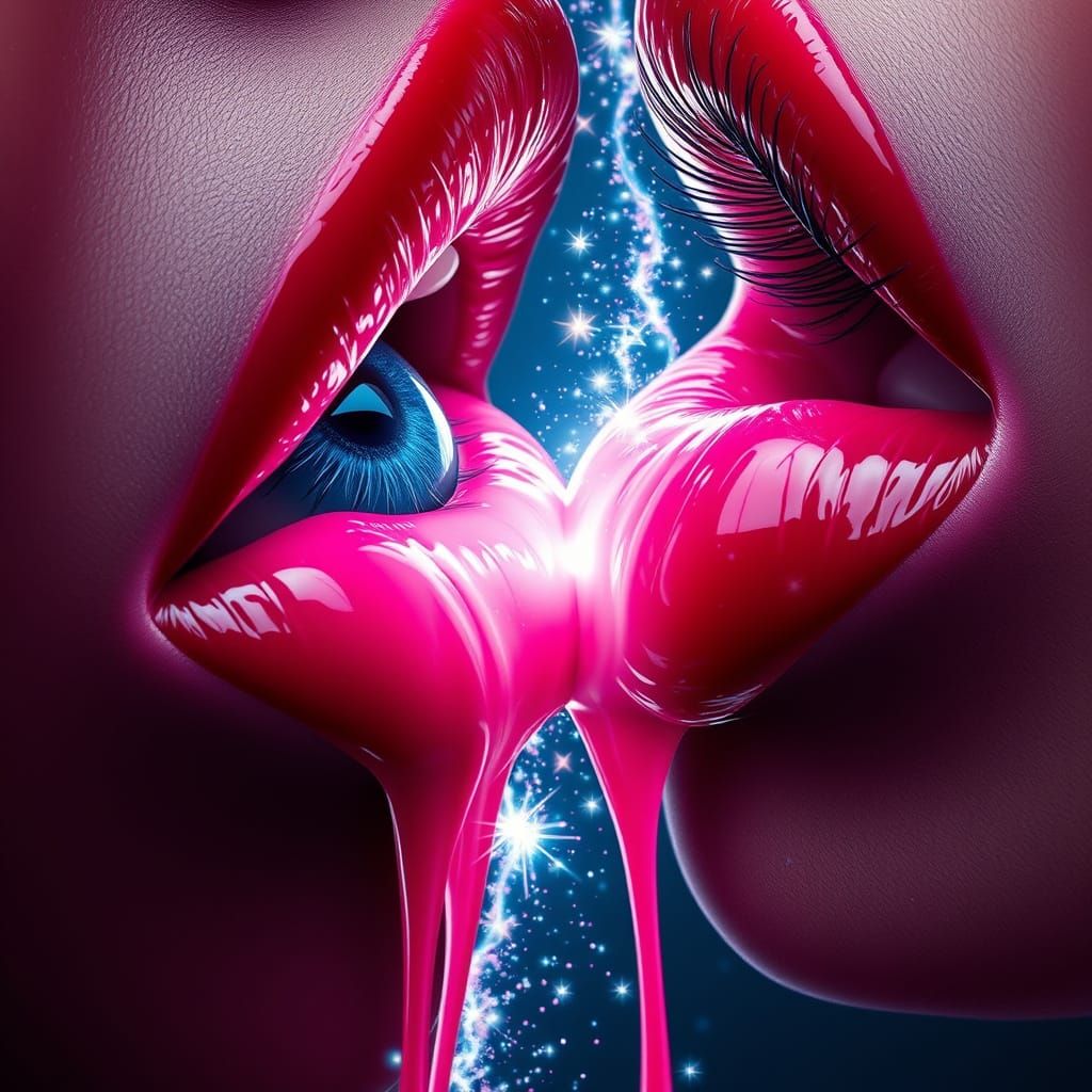 Sensual Vampire Lips Kissing Blue Eye with Dripping Pink Jui...