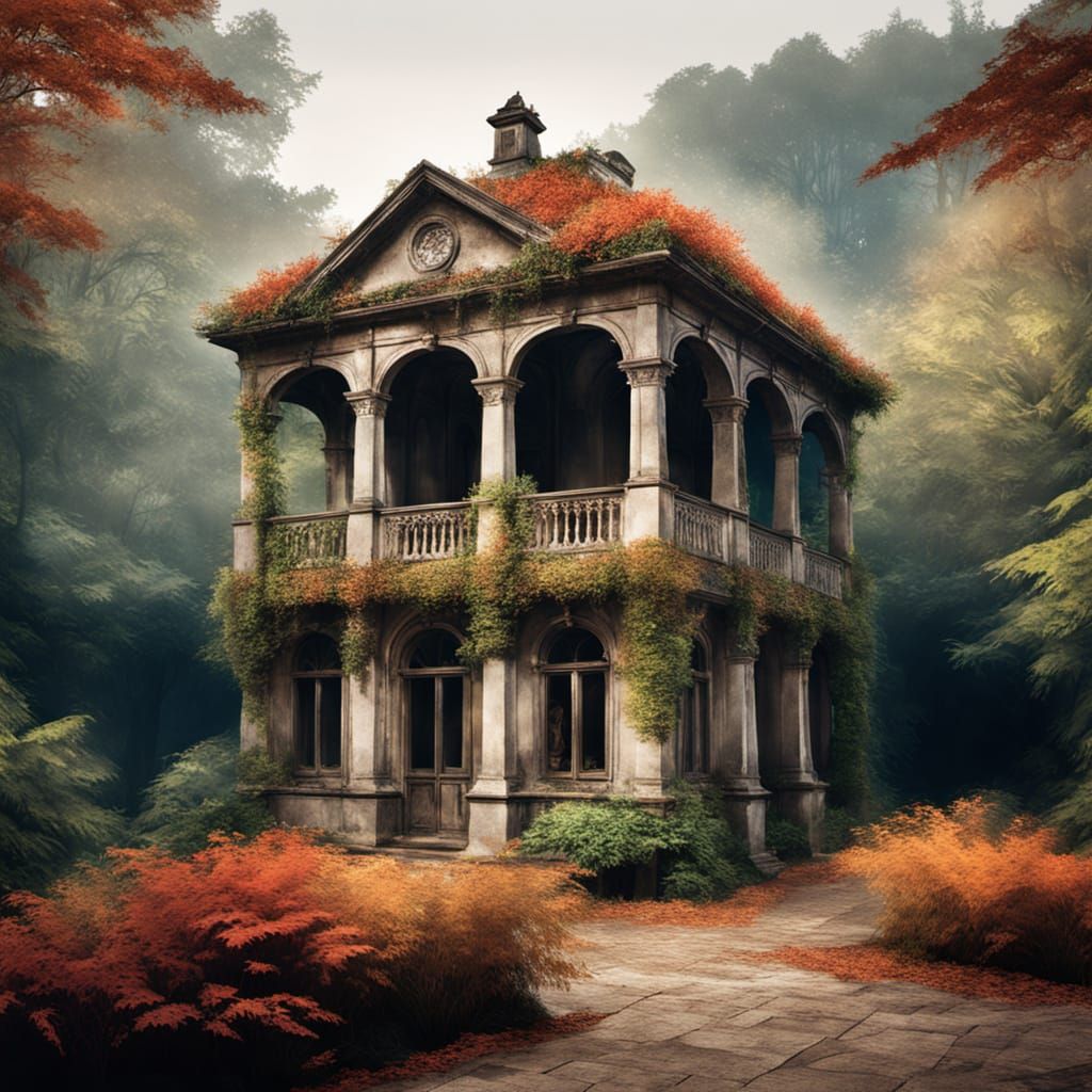 Weathered Statue in Overgrown Courtyard