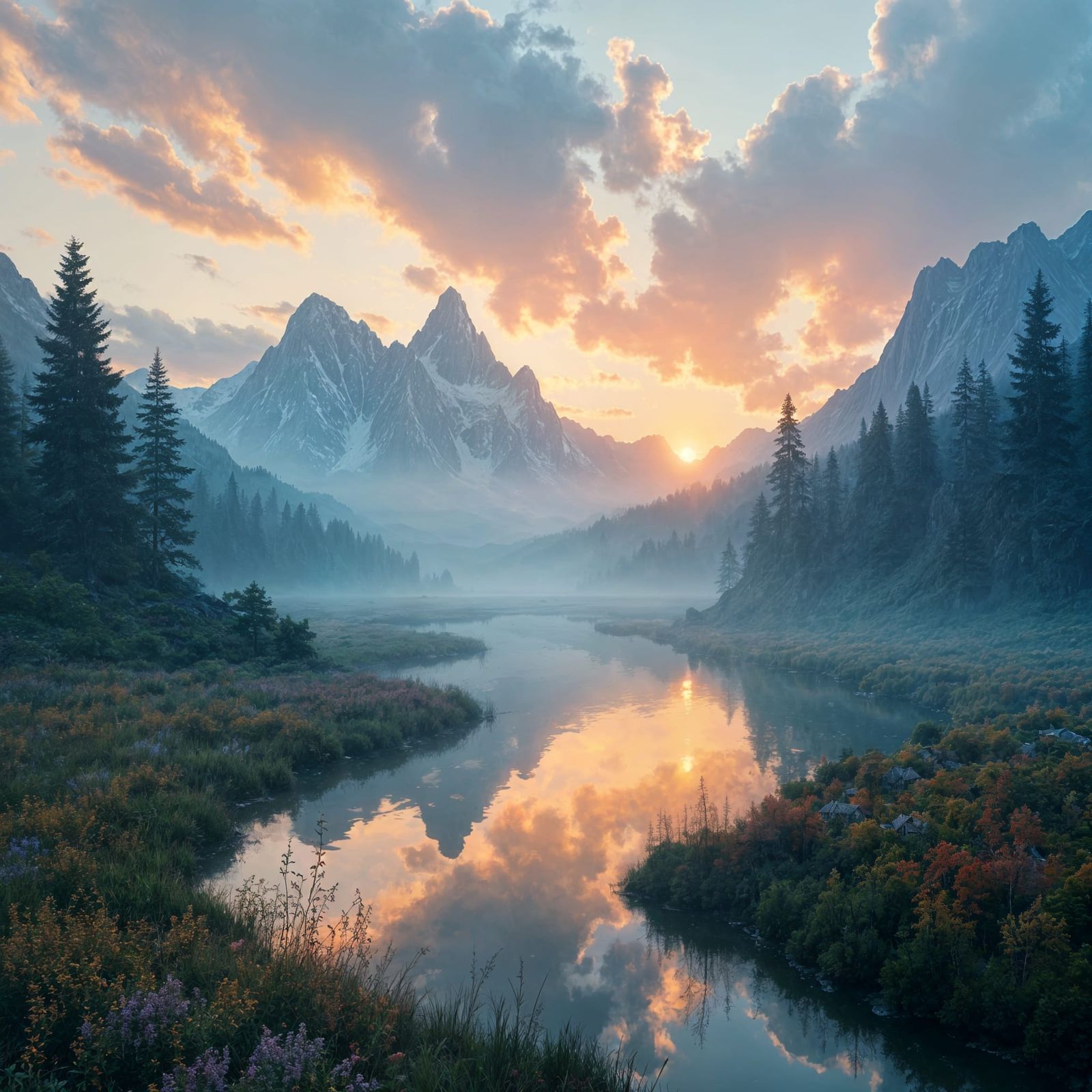 Fantasy Meadow Landscape at Sunrise, Detailed Matte Painting