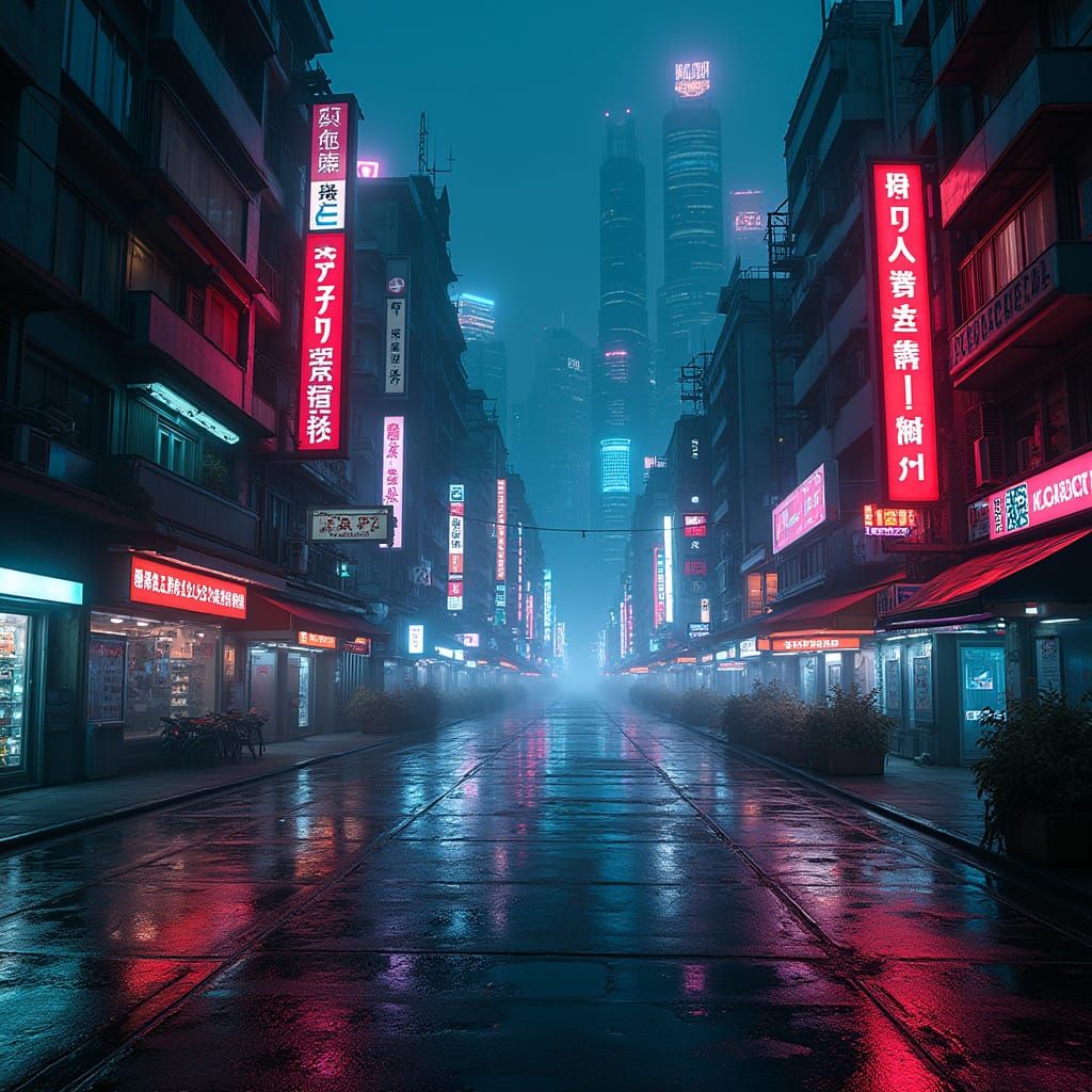 Cyberpunk Cityscape at Night with Neon Lights
