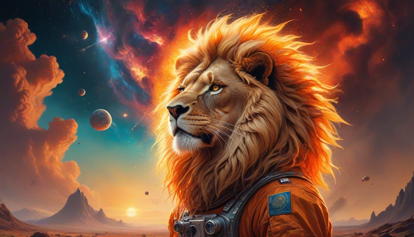 Astronaut with Fire Mane on Alien Planet as Oil Painting