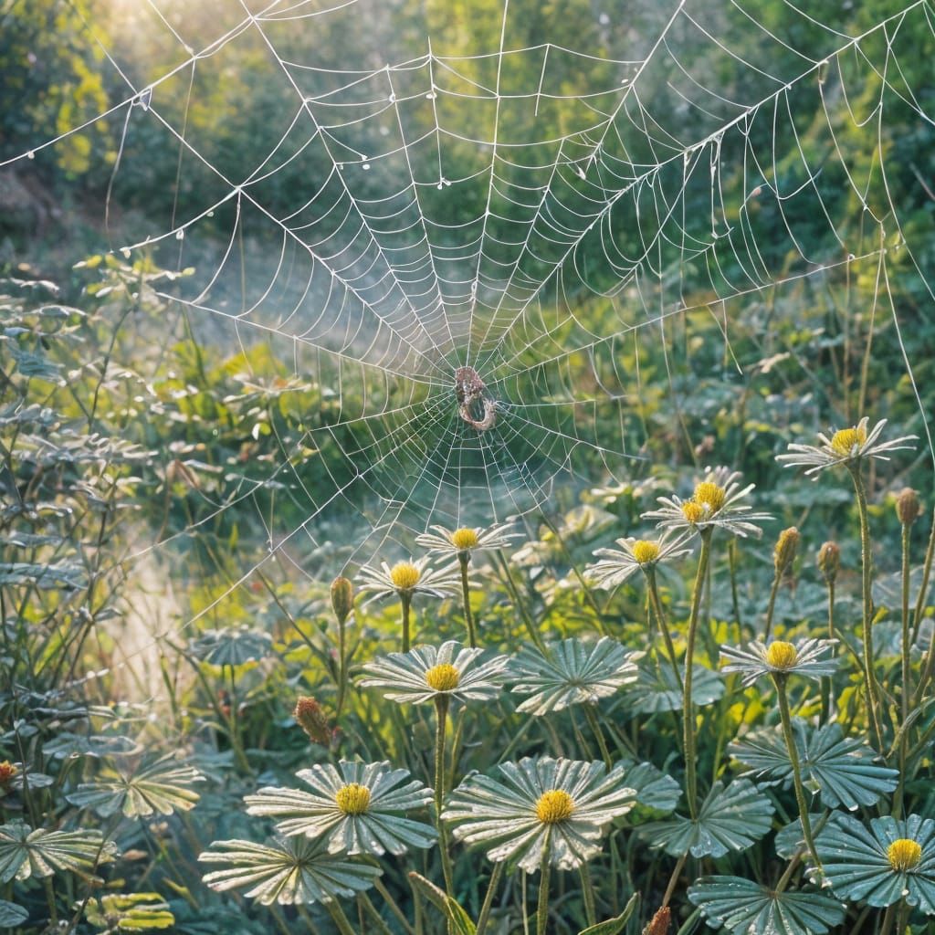 Spider Weaving Web in Dewy Morning Sunlight