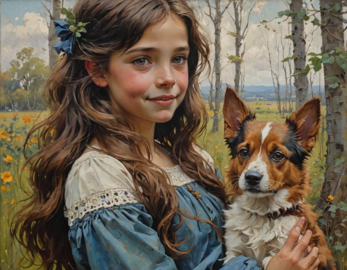 Girl and Dog in Oil Painting Style