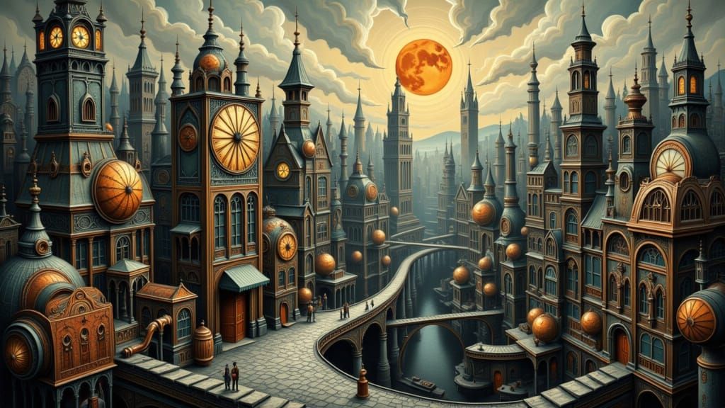 Steampunk Cityscape with Clockwork and Gothic Spires