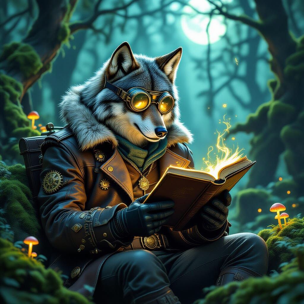 Steampunk Wolf Reads by Bioluminescent Light