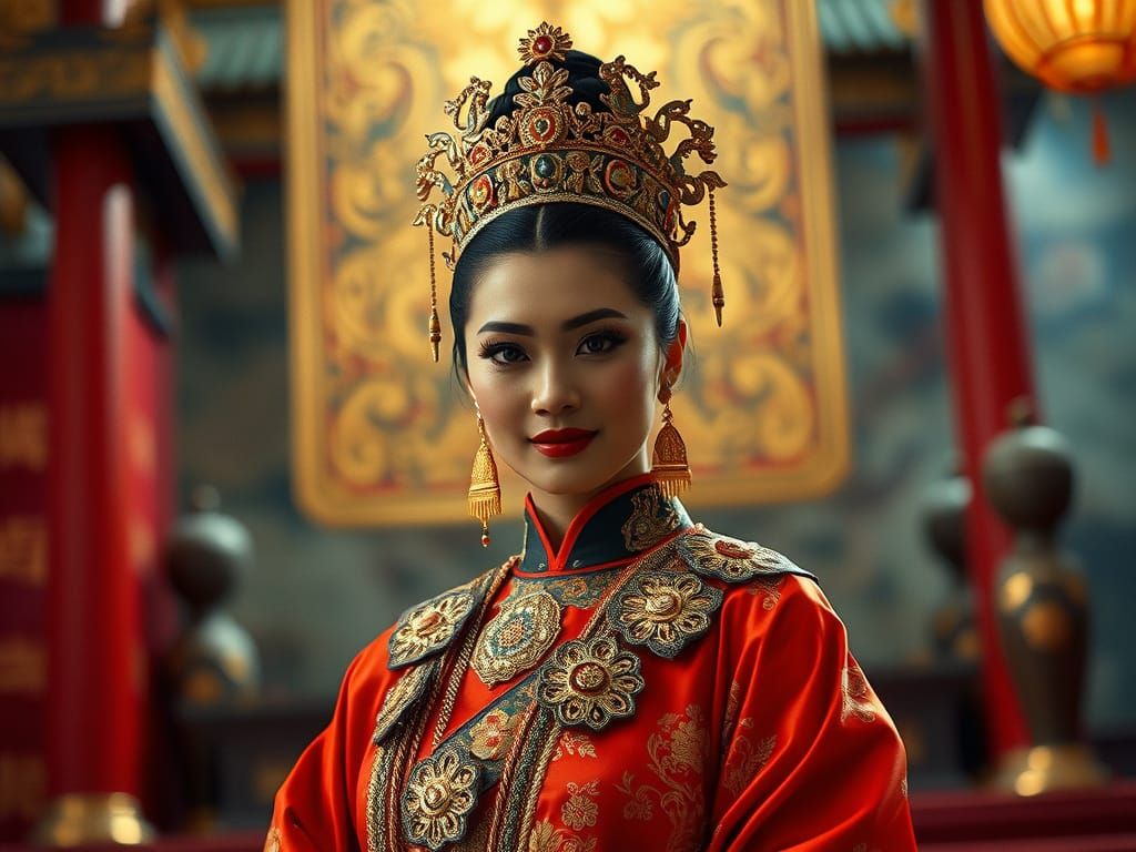 Regal Black Queen in Chinese Attire: Cinematic Portrait