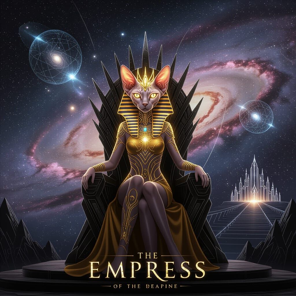 Galactic Sphynx Cat Empress on Obsidian Throne