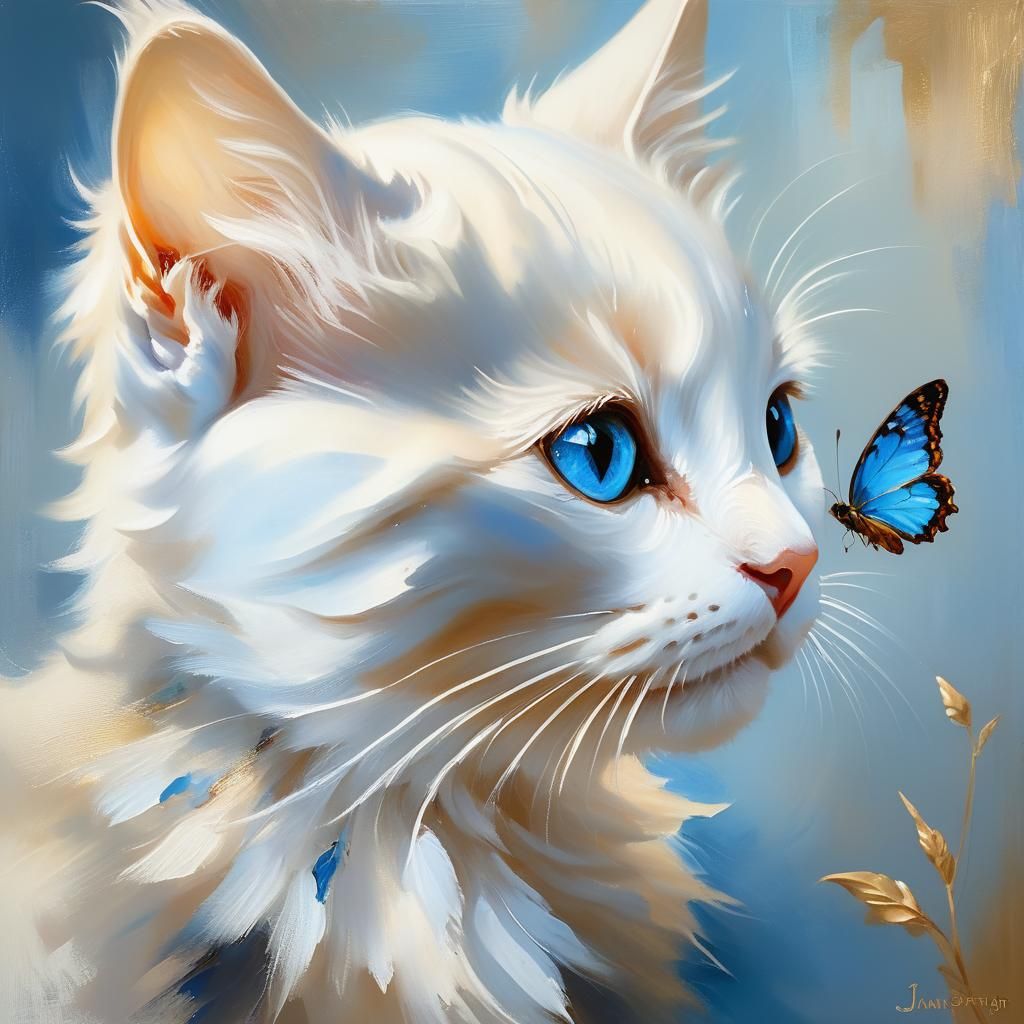 Kitten and Butterfly Whimsical Oil Painting