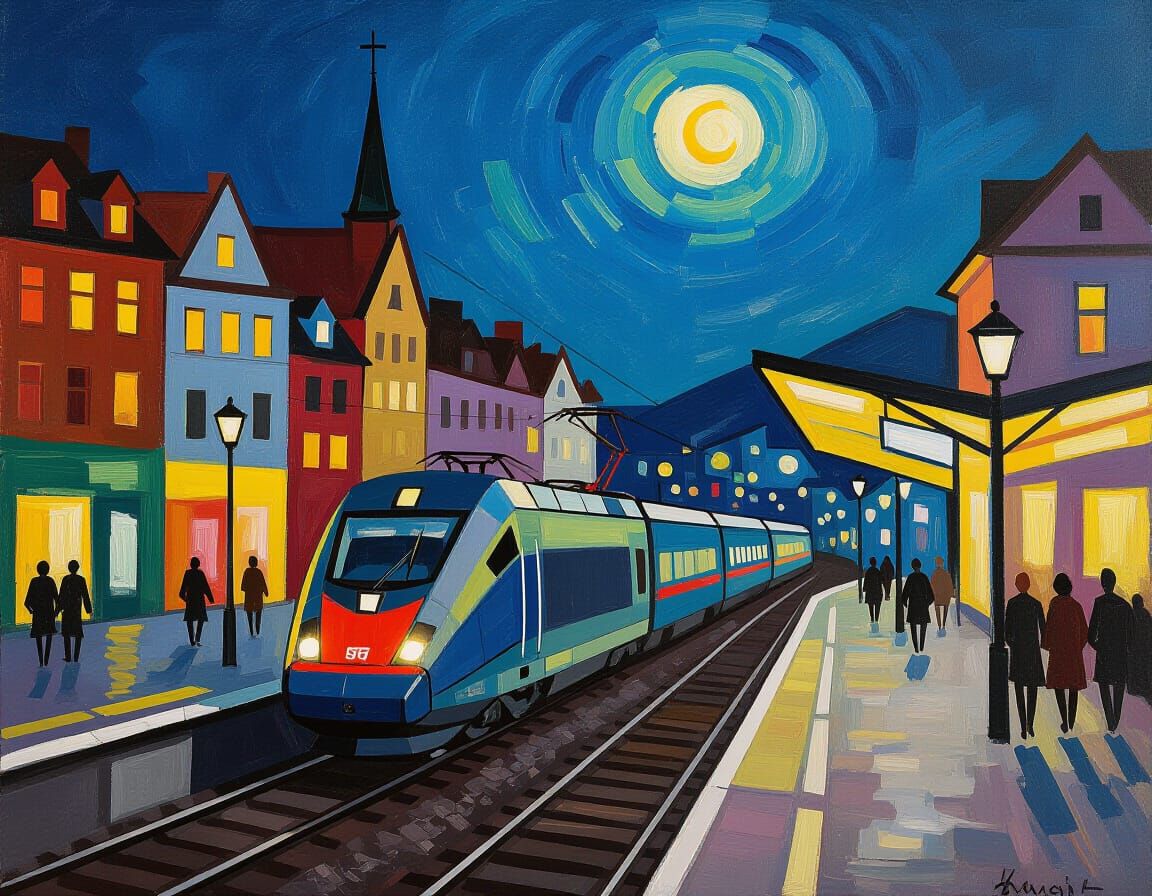 Expressionist Train Station at Night with Vivid Lights