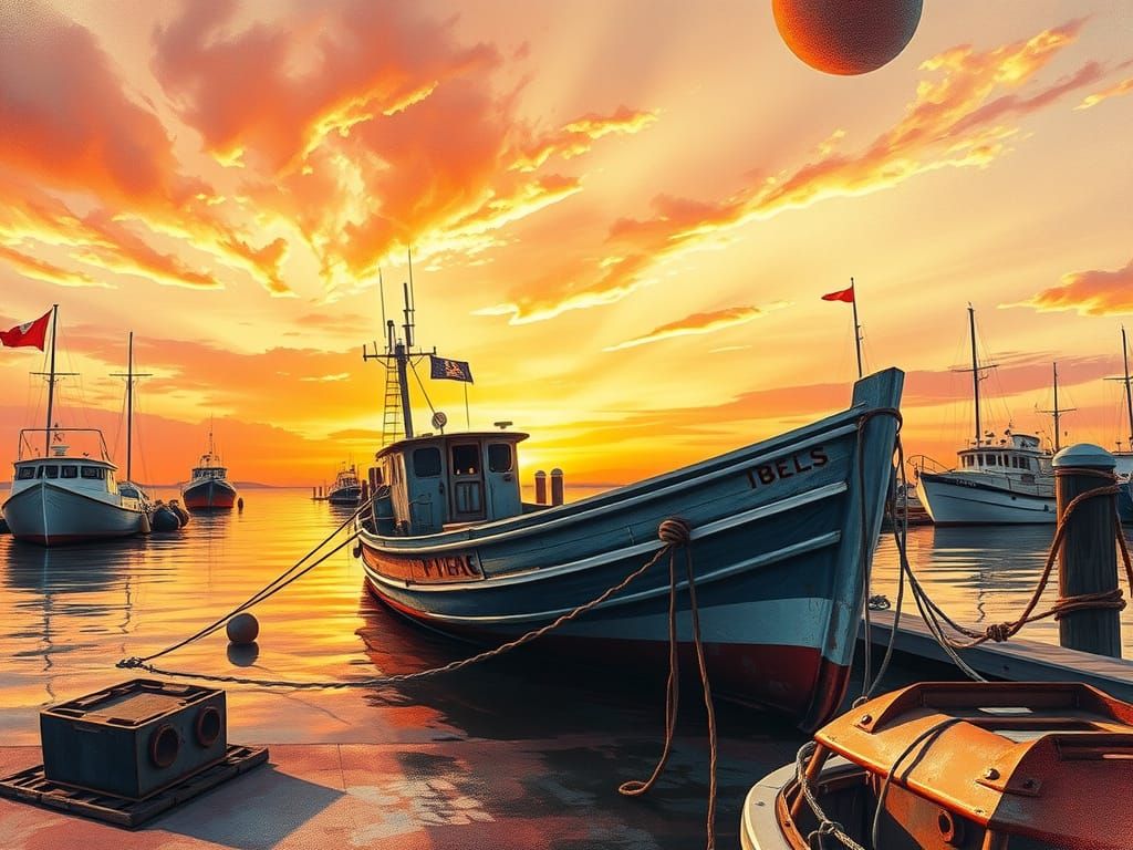 Weathered Fishing Boat at Sunset in Traditional Chinese-Insp...