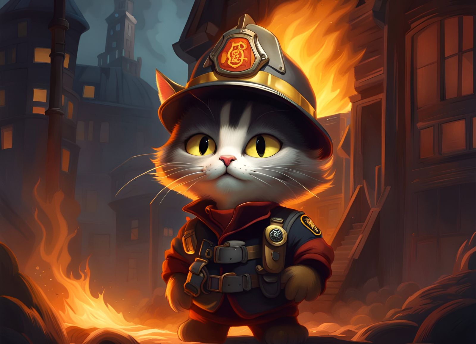 Kitty Firefighter in Burning Building, Gris Grimly Style