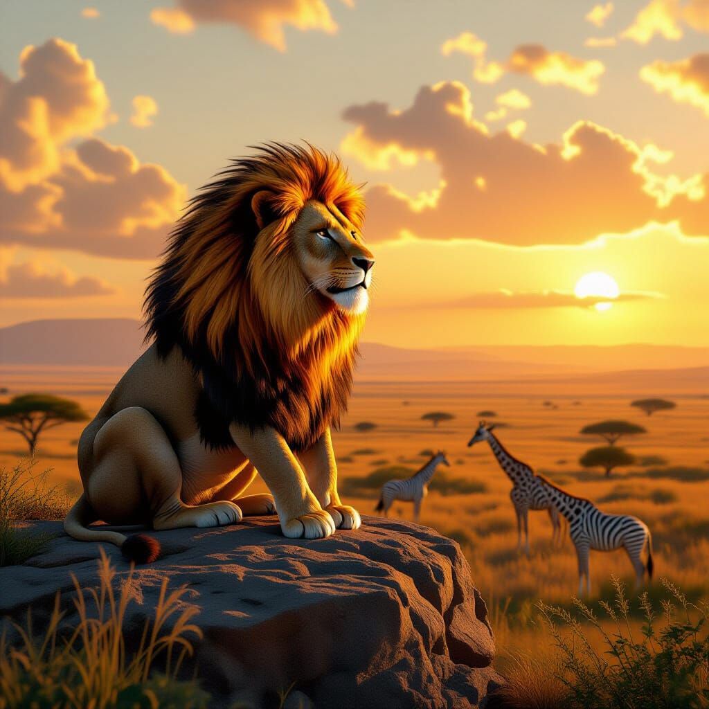 Regal Lion Overlooking Savanna in Hyperrealistic Style