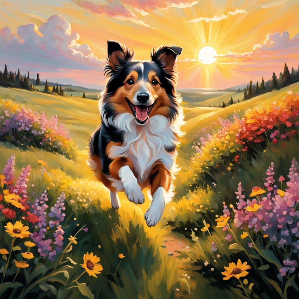 Vibrant Sheltie in Motion, Set Against a Sunset Landscape