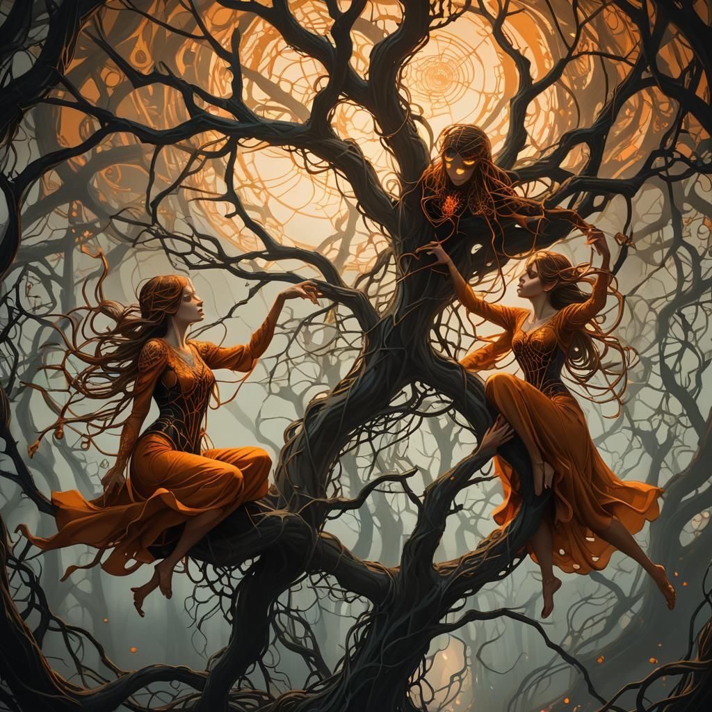 Women Transforming into Spiders in Art Nouveau Style