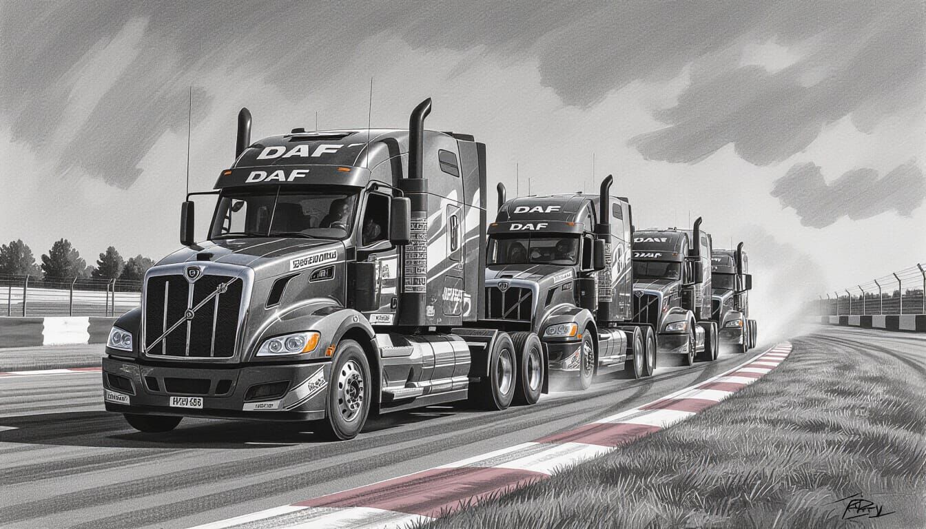 DAF Racing Tractors on Track: Charcoal Drawing