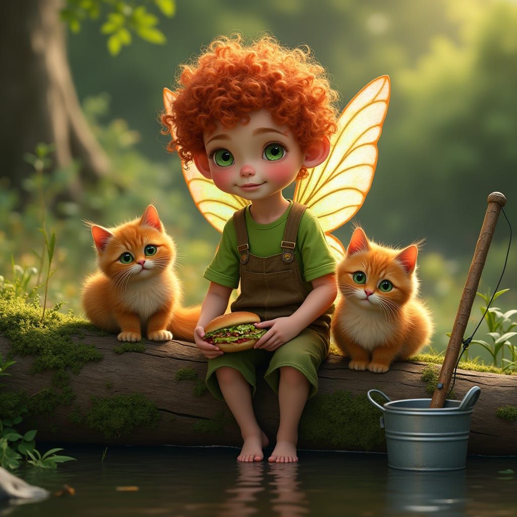 Red Haired Fairy Child with Cats on Log