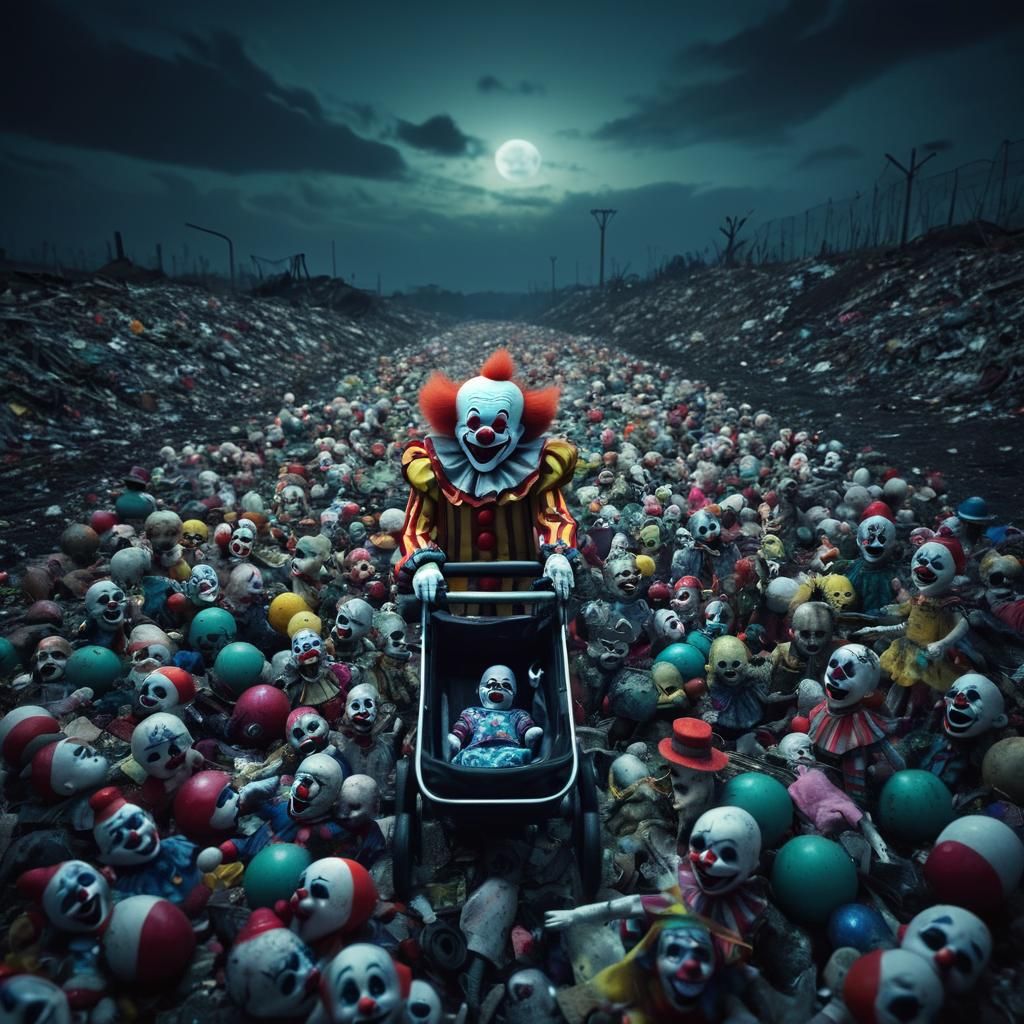 Creepy Clown in a Landfill of Mannequins