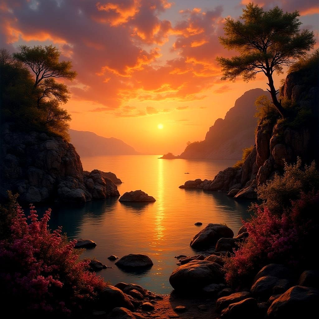 Surreal Sunset on Serene Water with Exuberant Vegetation