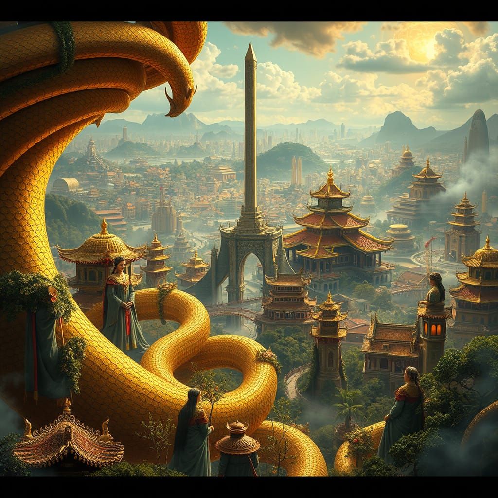 Surreal City of Spiral Architecture with Gold-Infused Struct...