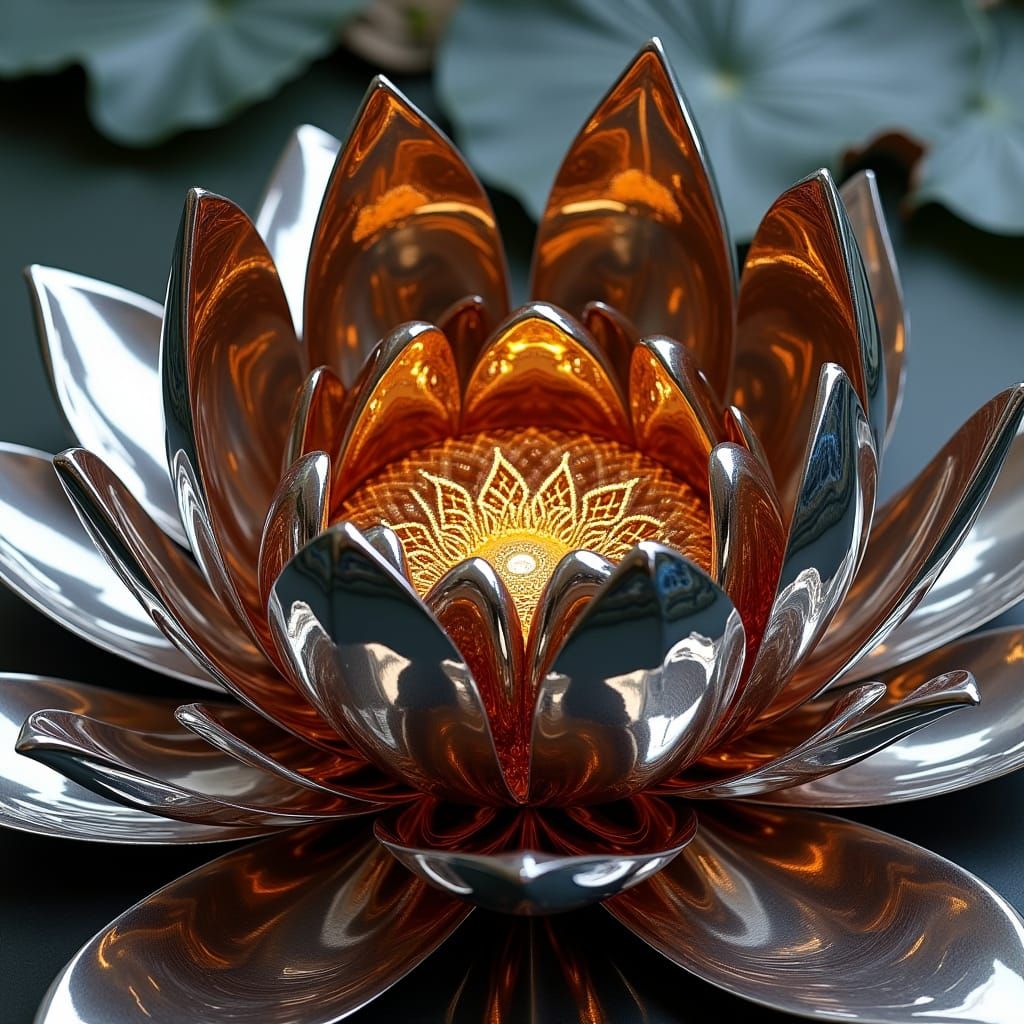 Chrome Lotus Sculpture with Optical Illusion