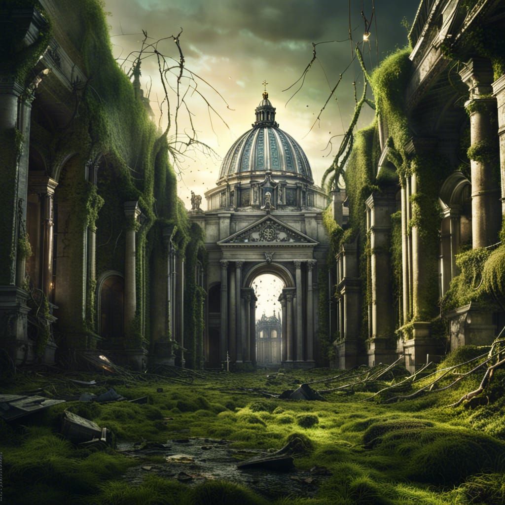Post apocalyptic St. Peter's Cathedral (vatican) overgrown by moss