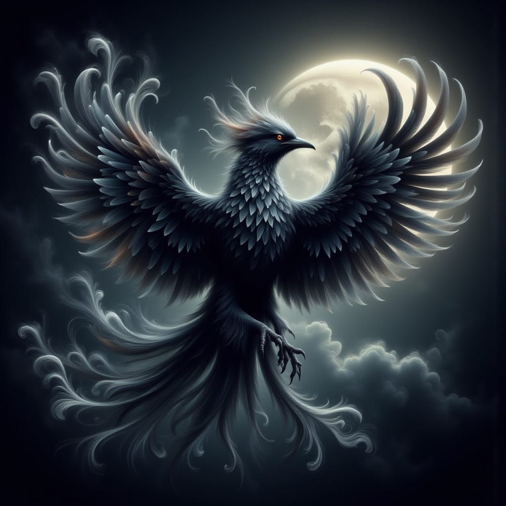 Mysterious Velvety Winged Creature in Ethereal Moonlit Sky