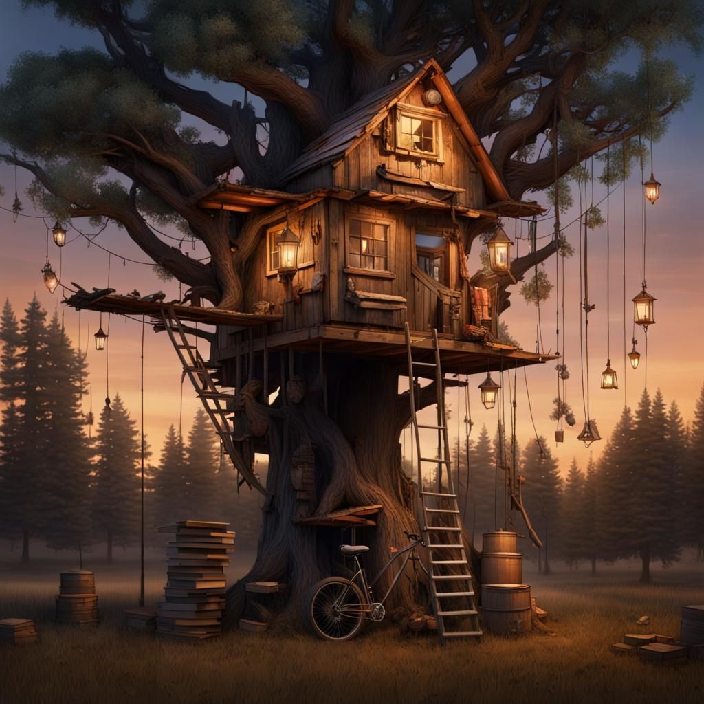 Fantastical Treehouse Hideaway at Twilight: Detailed Matte P...