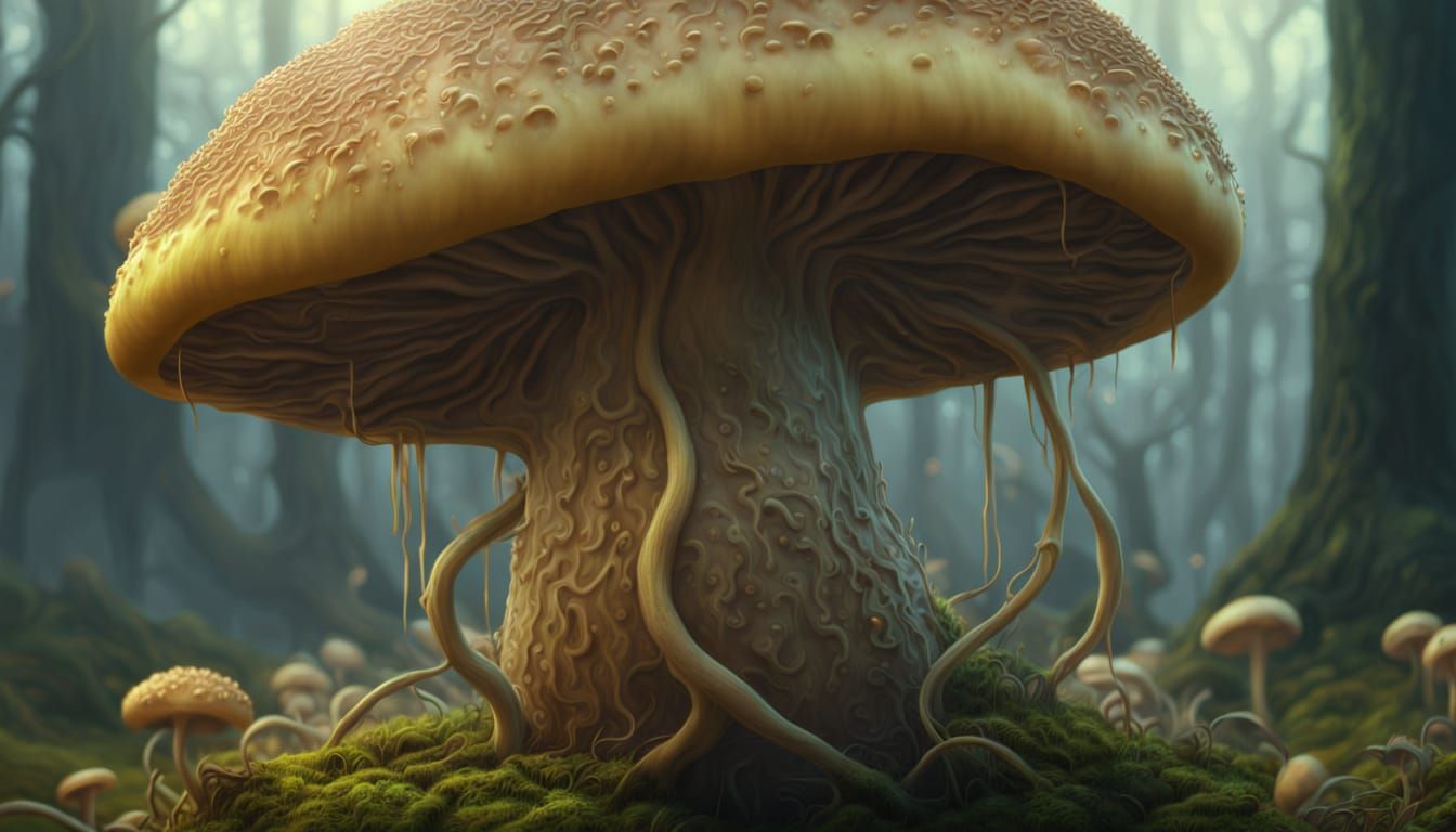 Hyperrealistic Fungus Birth in Vibrant Oil Painting