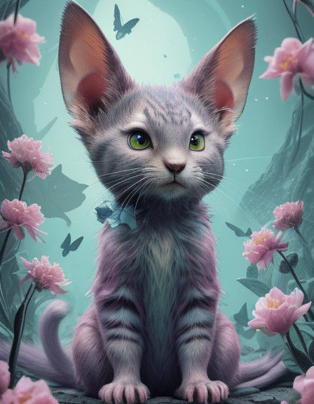 Epic Fantastical Cat Creature amidst Whimsical Cherry Blosso...