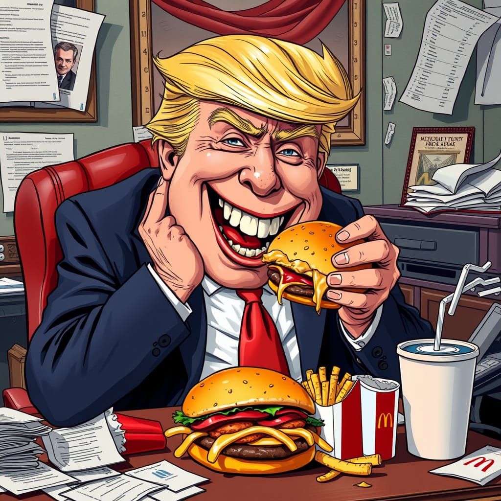 Jovial Donald Trump Devours McDonald's in a Vibrant Satirica...