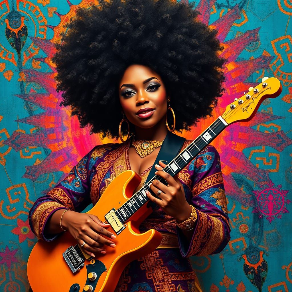 Vibrant Portrait of a Confident Woman with Afro and Electric...