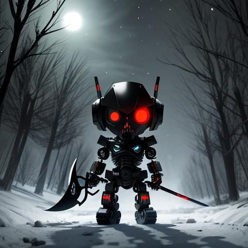 Undead Chibi Robot in Winter, Watercolor Style