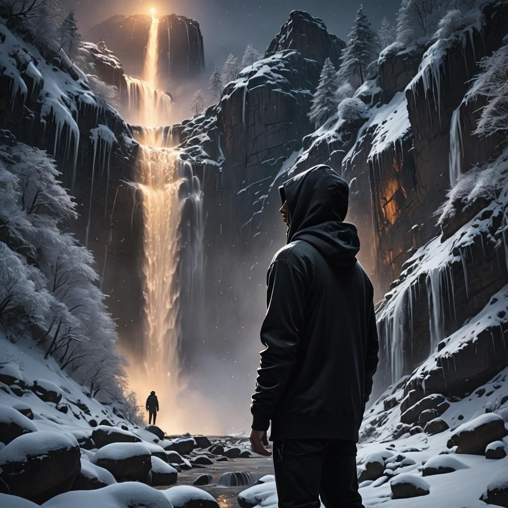 Hooded Figure Reveals Waterfall Landscape in Digital Matte P...