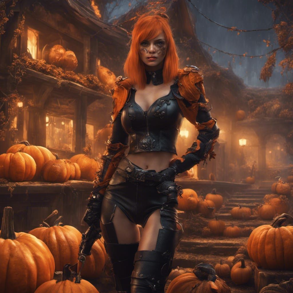 Pumpkin-Headed Woman in Leather, Fantasy Concept Art