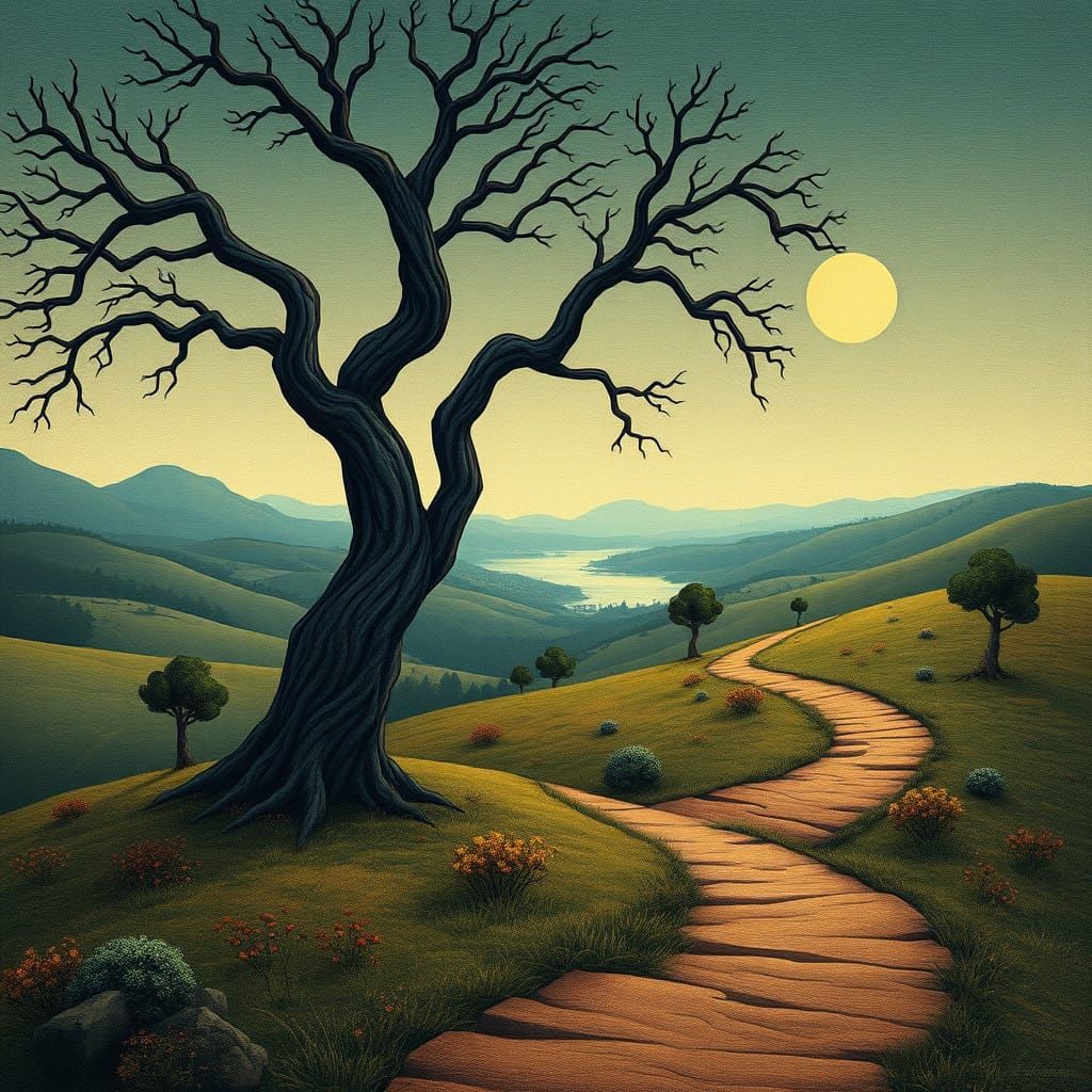 Whimsical Folk-Art Landscape with Winding Path and Gnarled T...