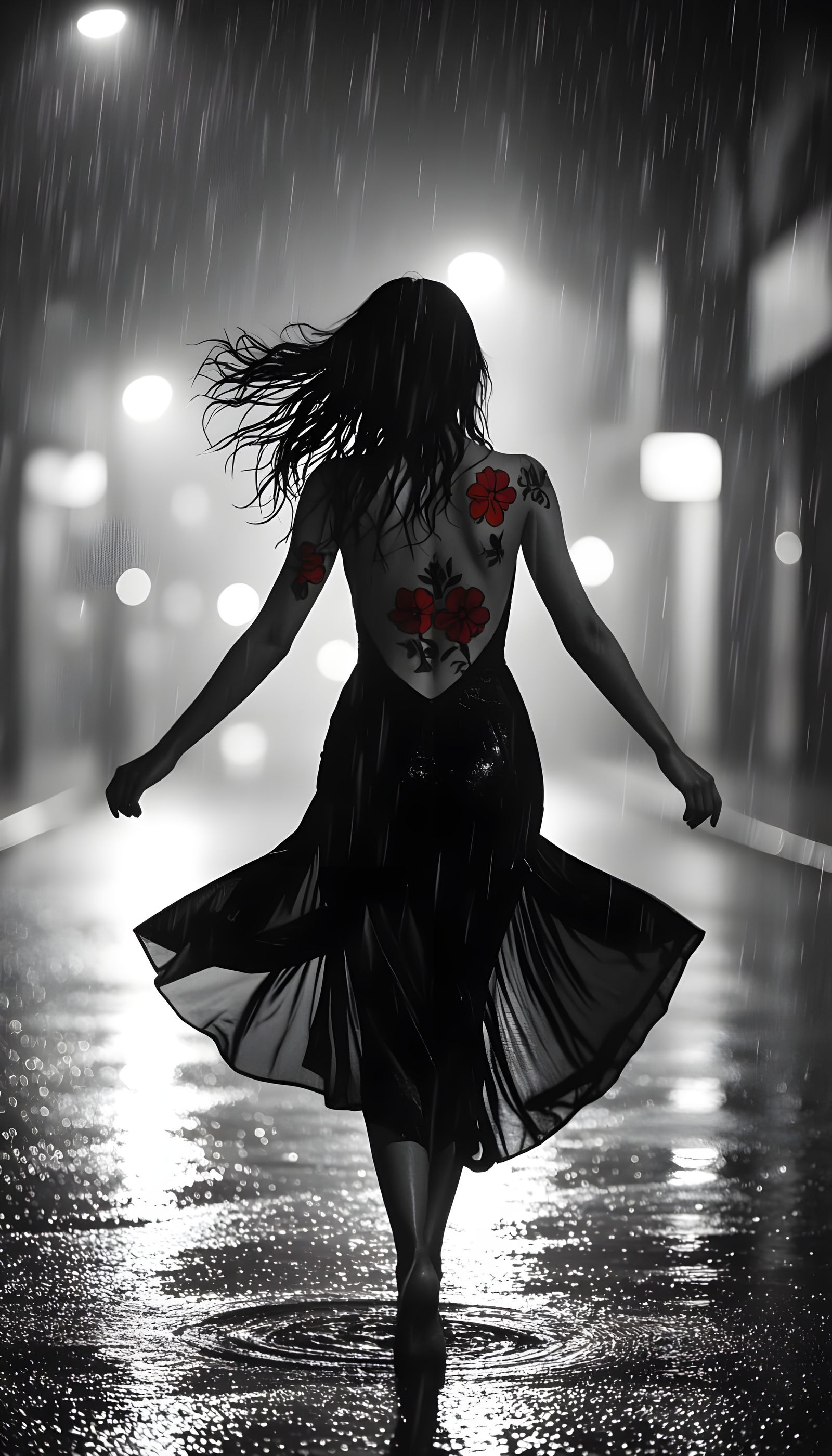 Monochrome Woman Dancing in Rain on City Street