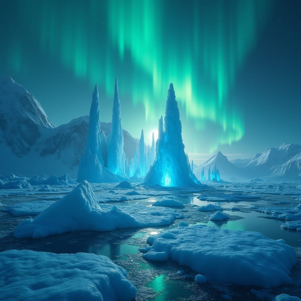 Sapphire Icebergs Under Emerald Aurora Sky