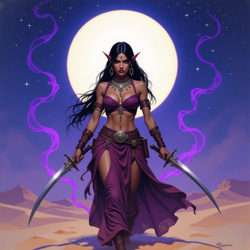 Dark Elf Warrior Under Arabian Moonlight